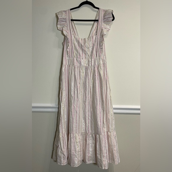 Loft Shimmer Stripe Ruffle Cutout Back Midi Dress size 10 - Picture 5 of 10